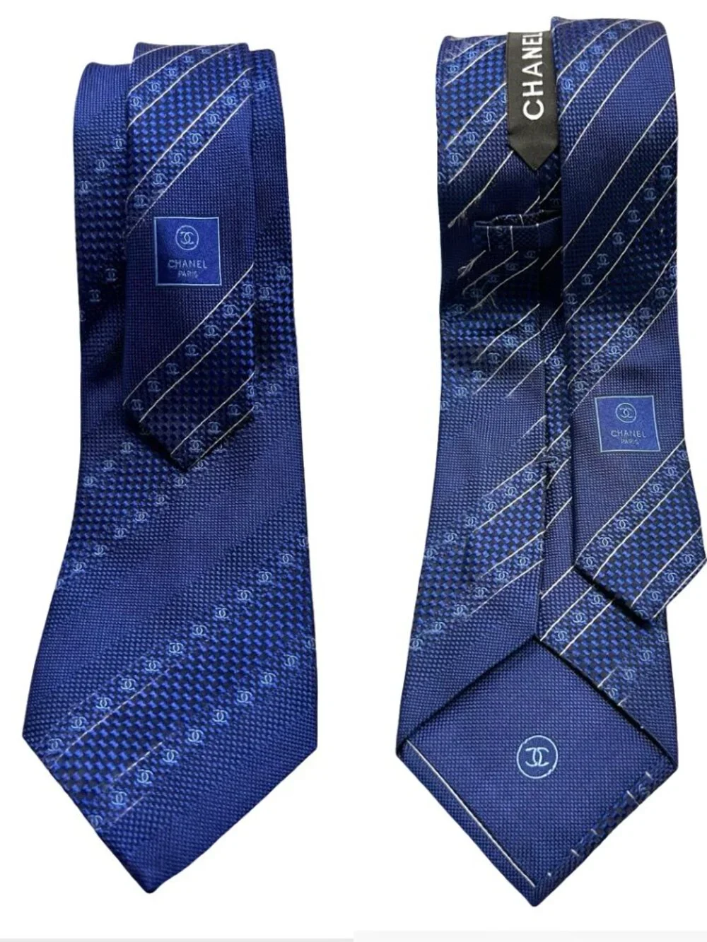 Classic Chanel Paris 100% Silk Necktie Blue Striped Logo Printed Italy Made(2) - Picture 13 of 15
